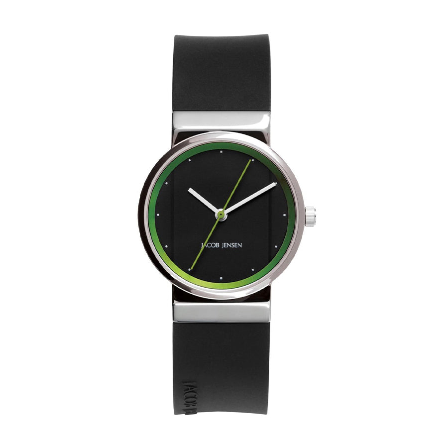 Zwart horloge met een ronde wijzerplaat, groene accenten en een rubberen band.
