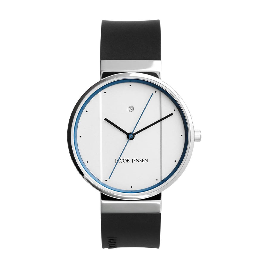 Zilveren horloge met witte wijzerplaat, zwarte rubberen band en blauwe accenten.