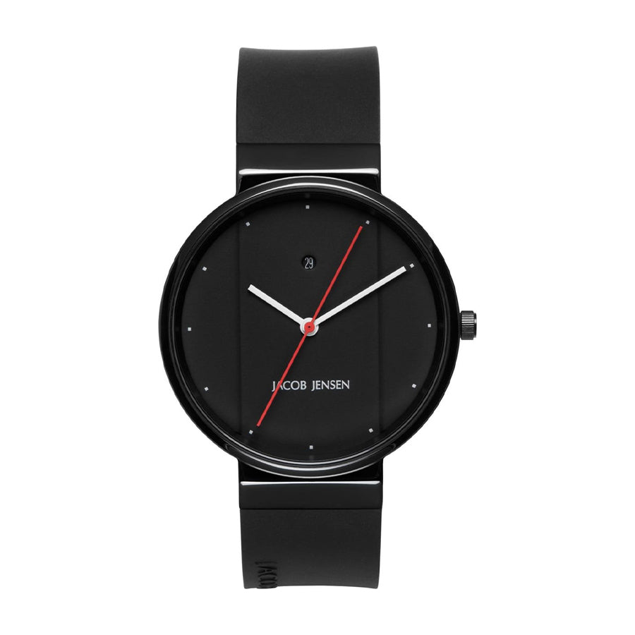 Zwart horloge met een minimalistische wijzerplaat, rode secondewijzer en een rubberen band.