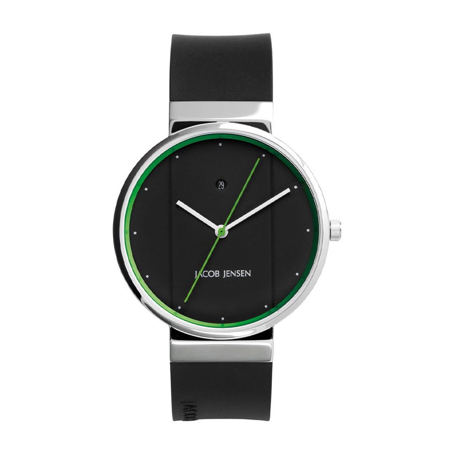 Zwart horloge met ronde wijzerplaat, groene accenten en een zwarte rubberen band.