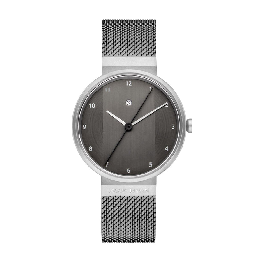 Zilveren horloge met grijze wijzerplaat en mesh-band.