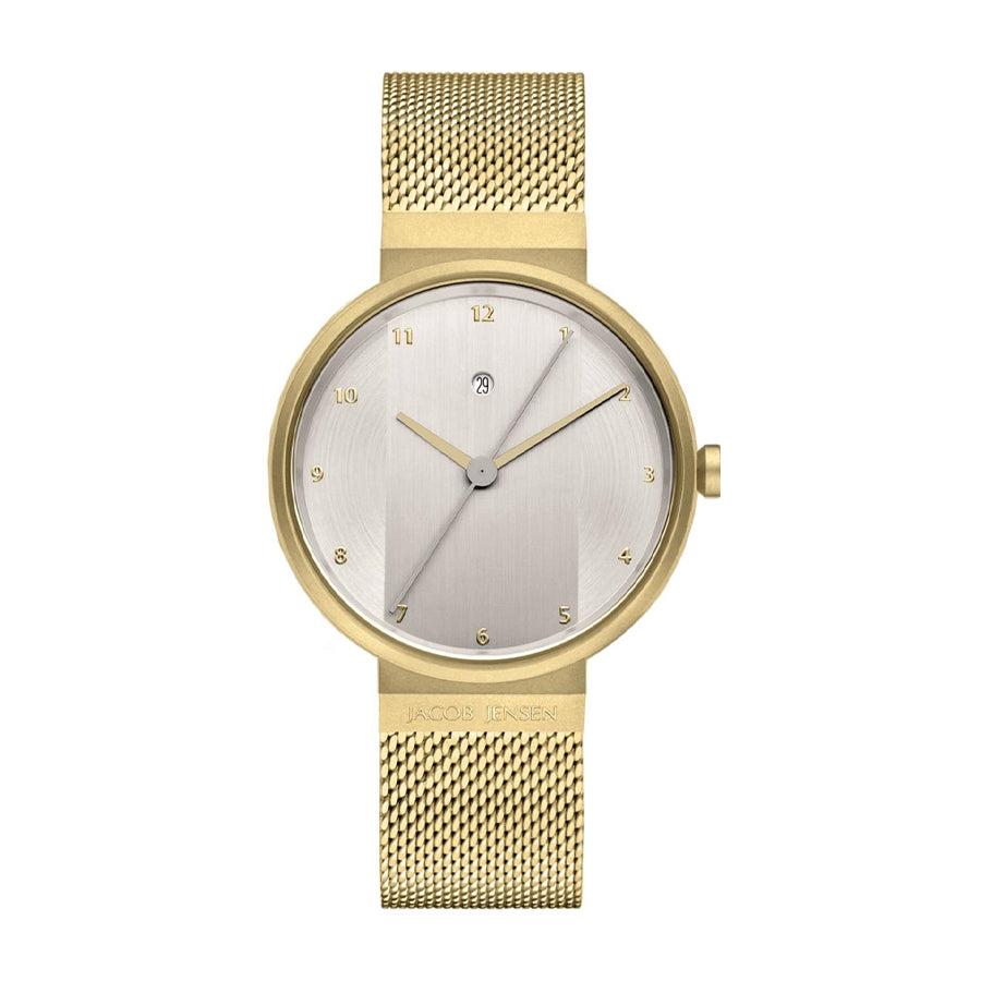Gouden horloge met een zilveren wijzerplaat en mesh-band, voorzien van eenvoudige indexen en wijzers.