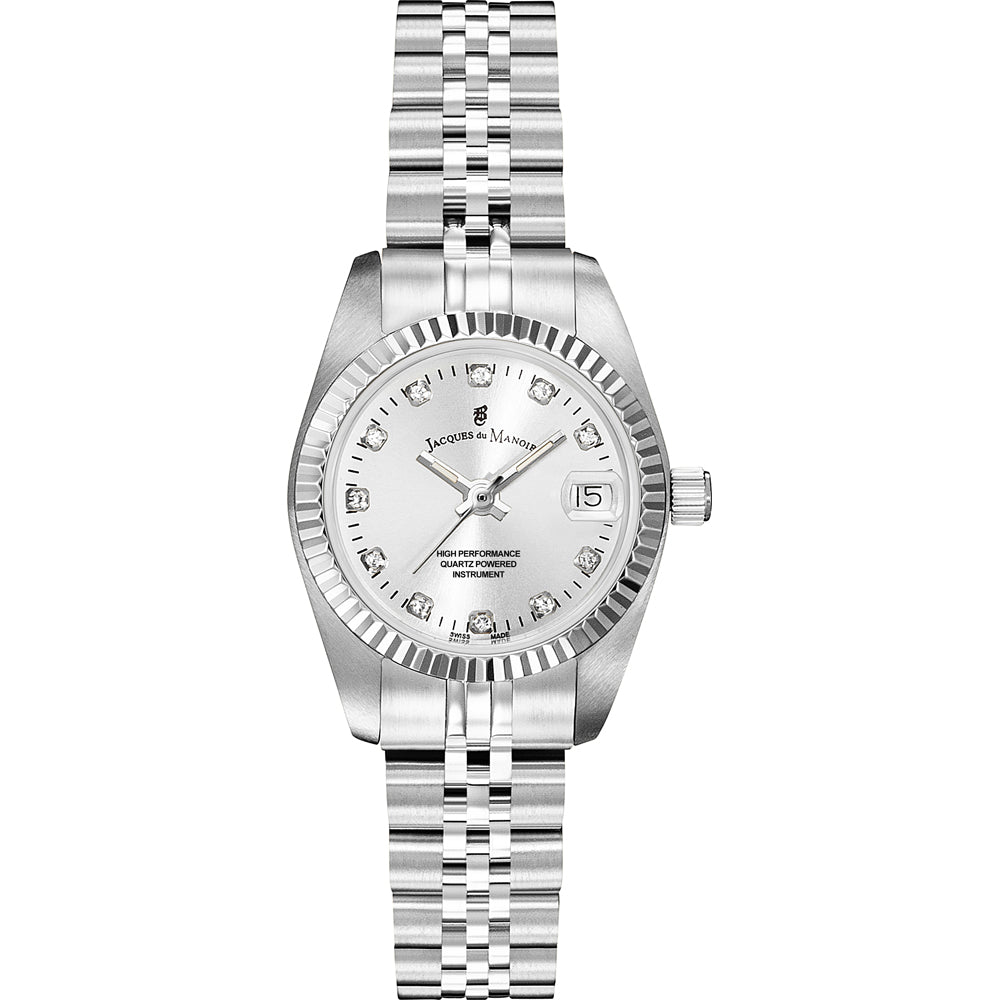 Zilveren horloge met een glanzende wijzerplaat, diamantaccenten en een schakelband.