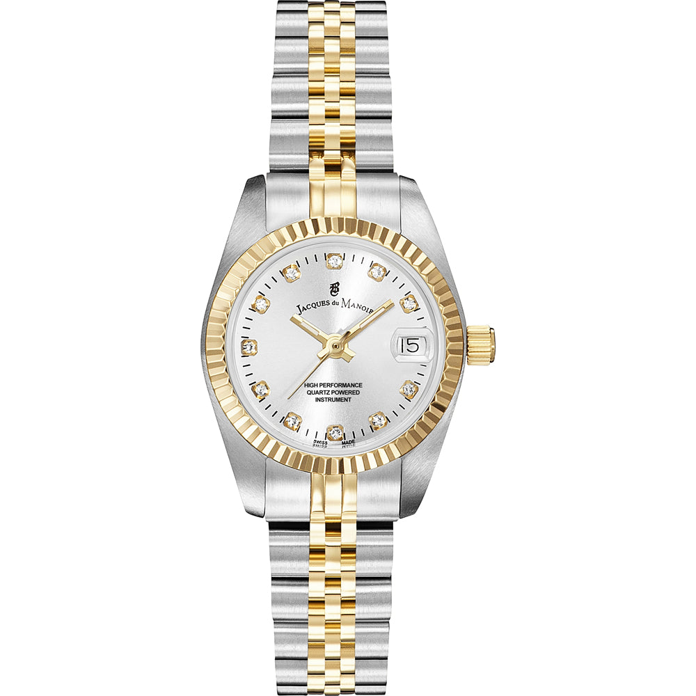 Zilveren horloge met gouden details, witte wijzerplaat en diamantaccenten, voorzien van een schakelband.