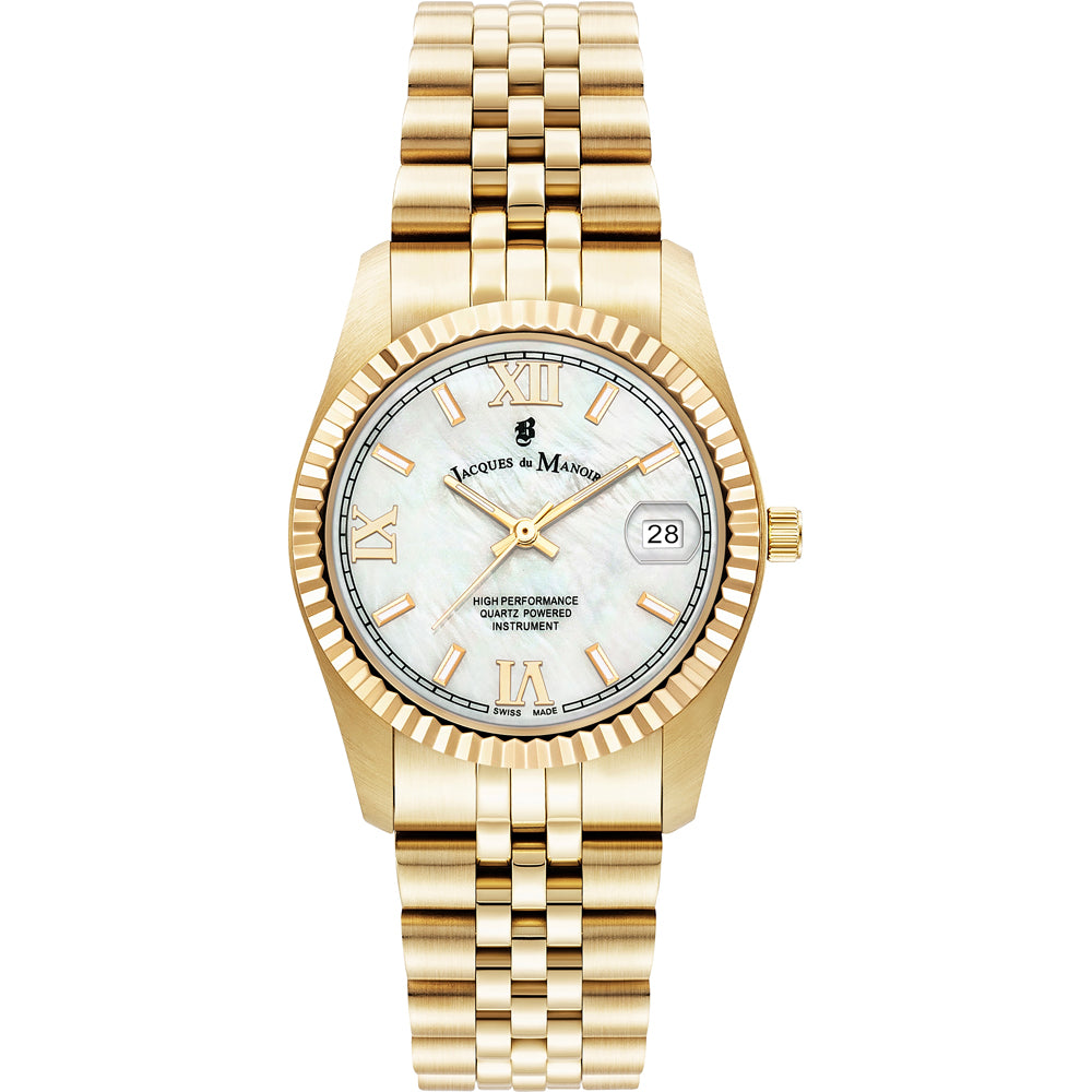 Gouden horloge met een parelmoeren wijzerplaat, Romeinse cijfers en een datumaanduiding.