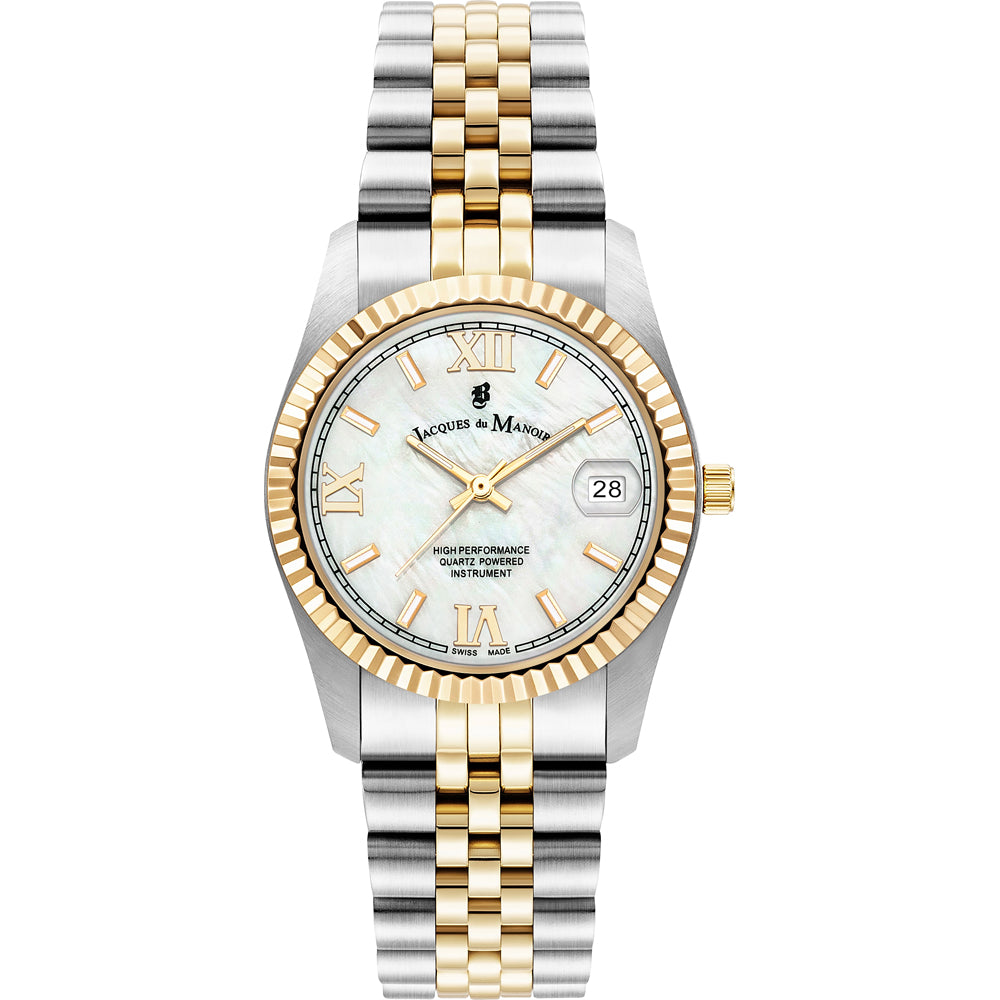 Zilveren en gouden horloge met een parelmoeren wijzerplaat en Romeinse cijfers.