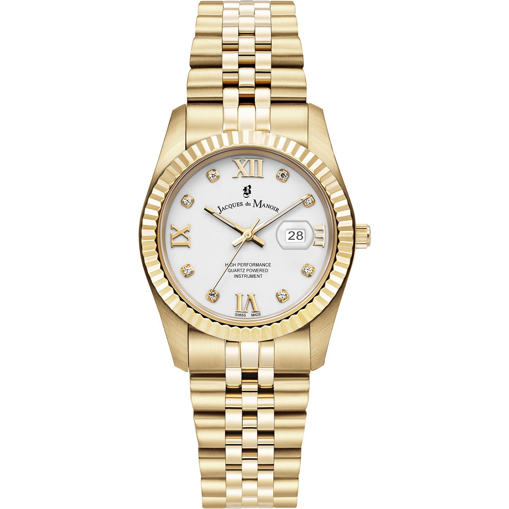 Gouden horloge met een witte wijzerplaat, Romeinse cijfers en een schakelband.