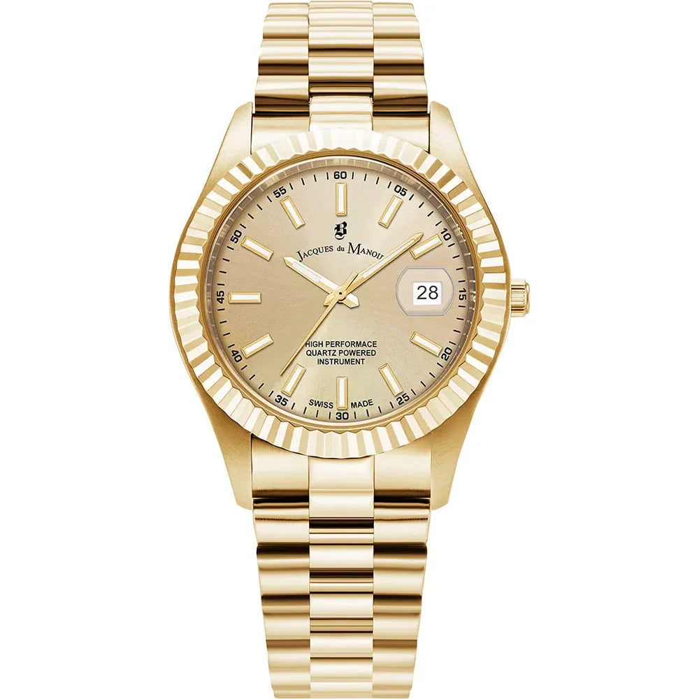 Gouden horloge met een gouden wijzerplaat, datumschaal en een schakelband.