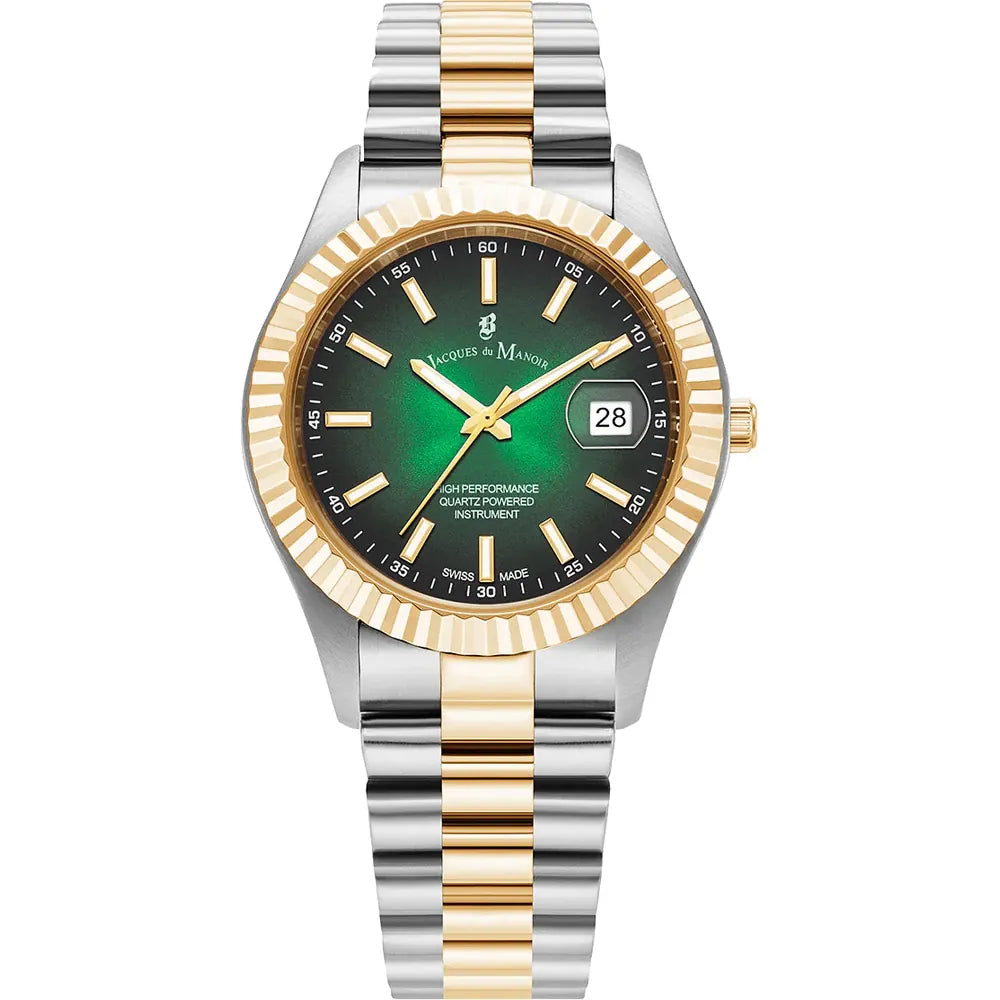Stalen horloge met groene wijzerplaat, gouden en zilveren schakelband, en datumweergave.
