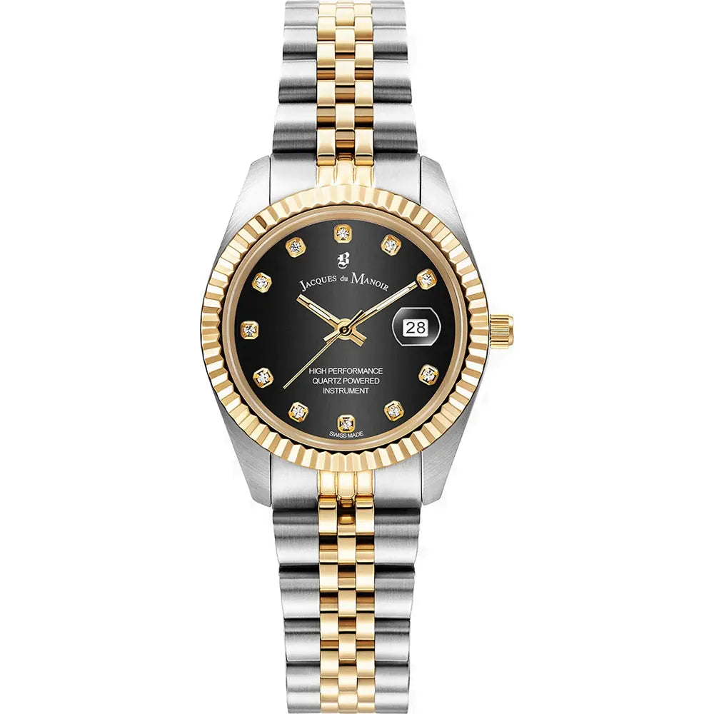 Zilveren en gouden horloge met zwarte wijzerplaat, diamanten index en een geschroefde bezel.