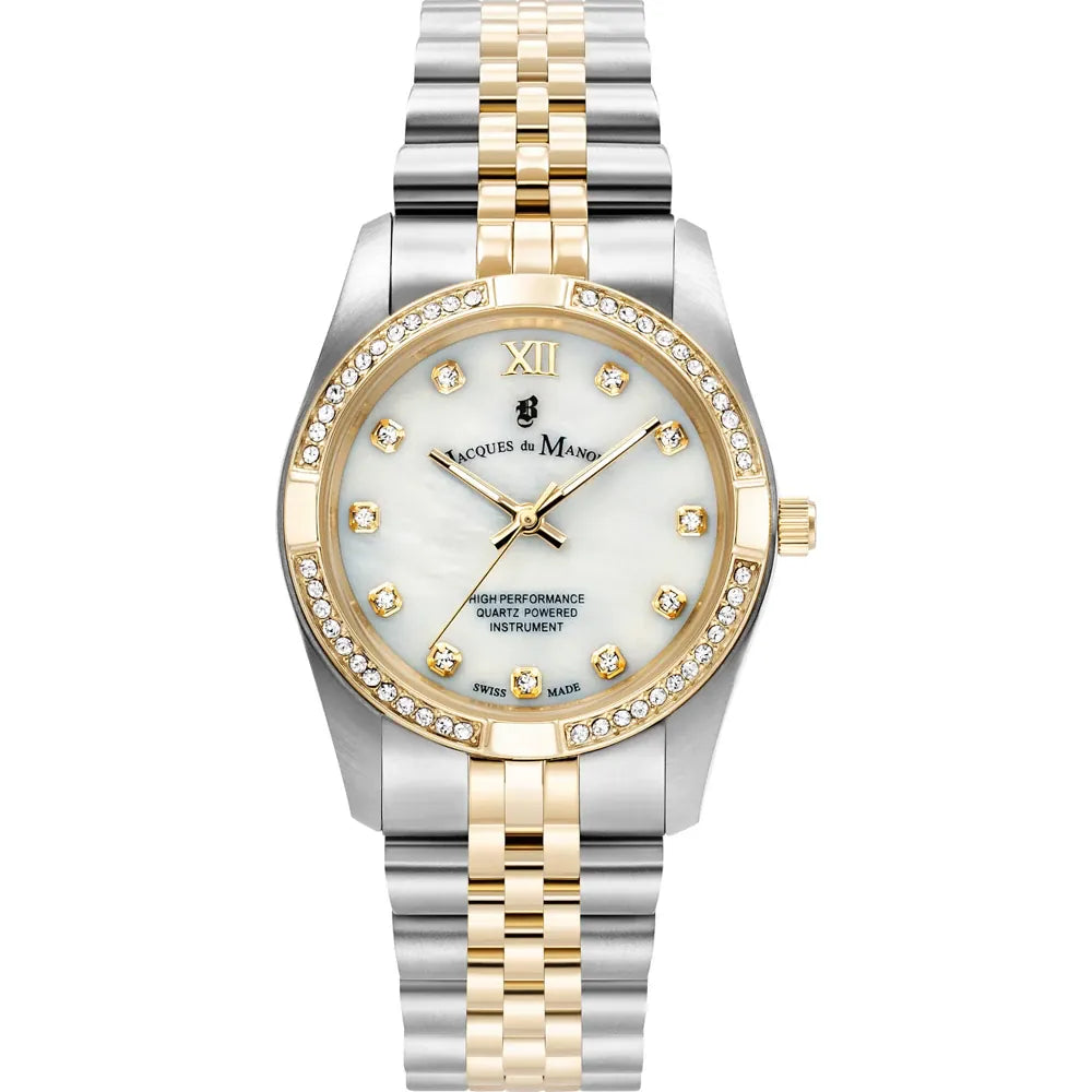 Zilveren en gouden horloge met parelmoeren wijzerplaat, diamanten accentstenen en een schakelband.