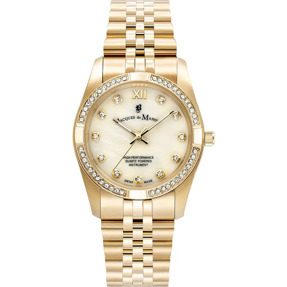 Gouden horloge met een parelmoeren wijzerplaat, bezet met steentjes en een schakelband.