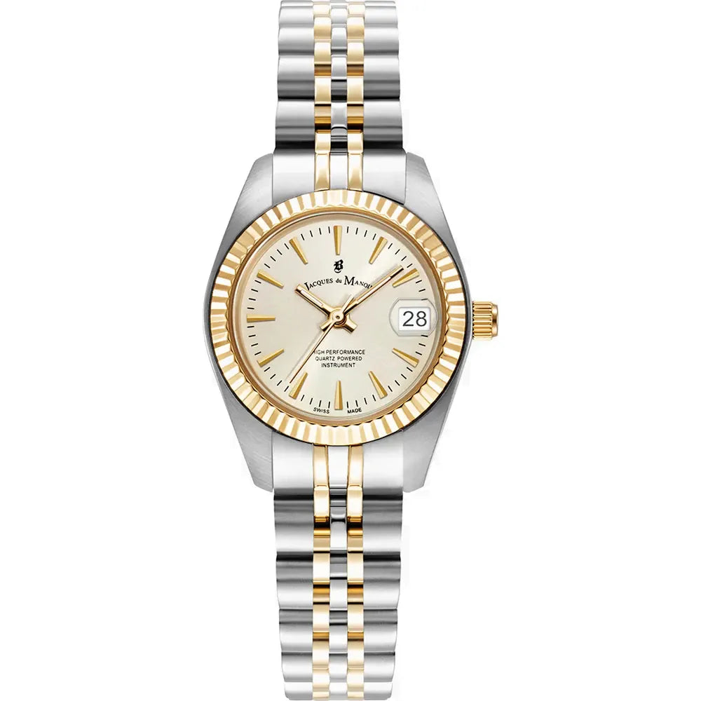 Zilveren horloge met gouden details, ronde wijzerplaat en datumaanduiding, op een gestreepte band.