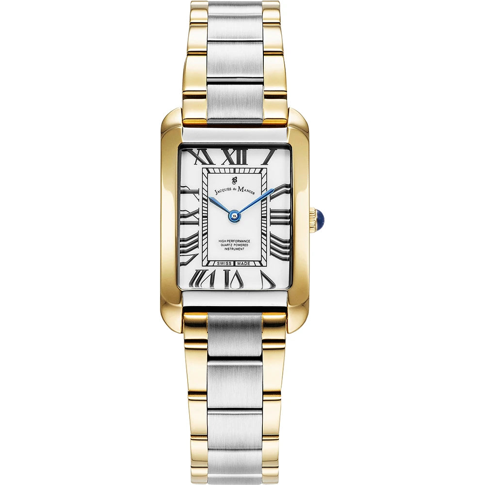 Gouden en zilveren horloge met rechthoekige kast, witte wijzerplaat en Romeinse cijfers.