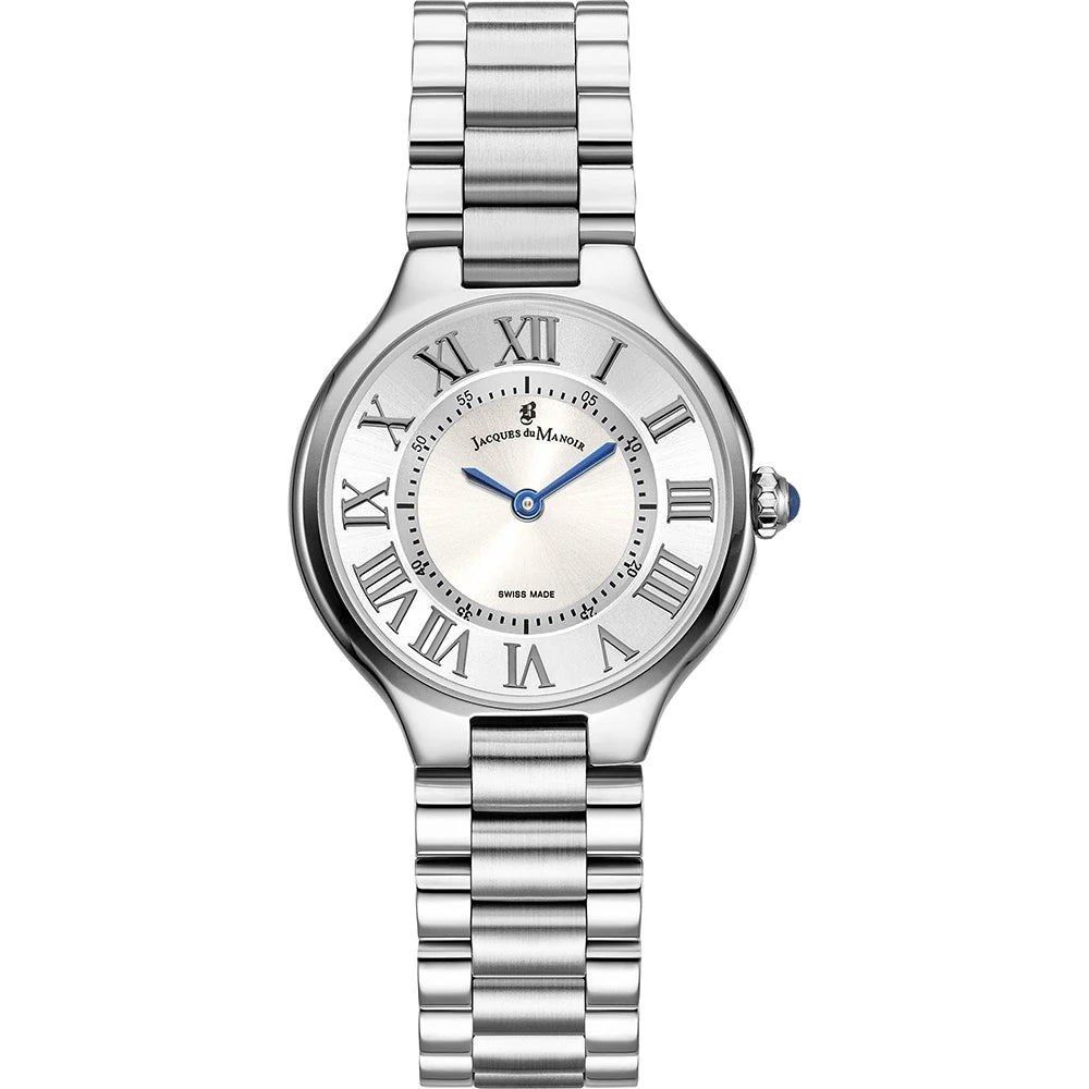 Zilveren horloge met een ronde wijzerplaat, Romeinse cijfers en een blauwe kroon.