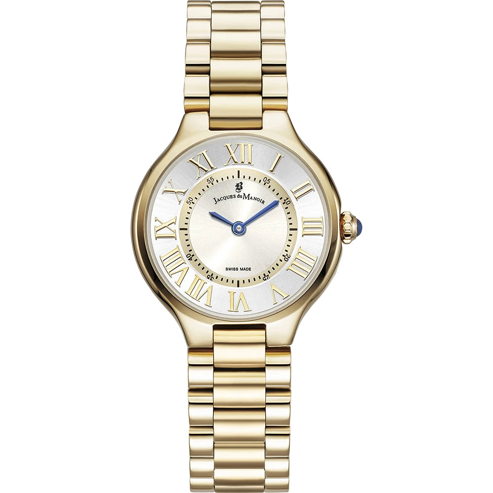 Gouden horloge met een witte wijzerplaat, Romeinse cijfers en een schakelband.
