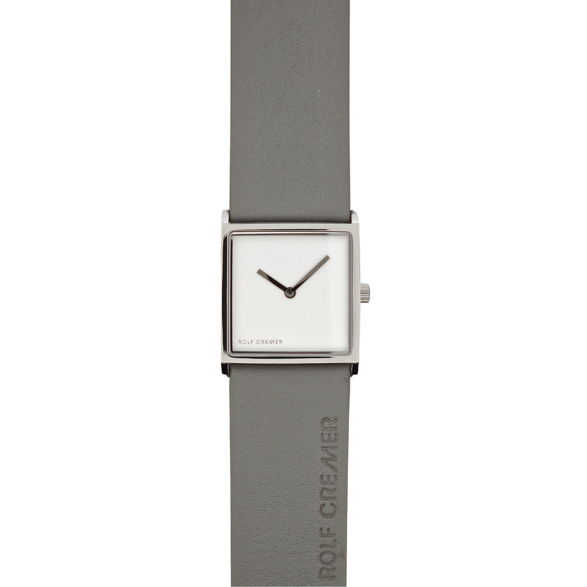 Grijs leren horloge met vierkante witte wijzerplaat en minimalistische wijzers.