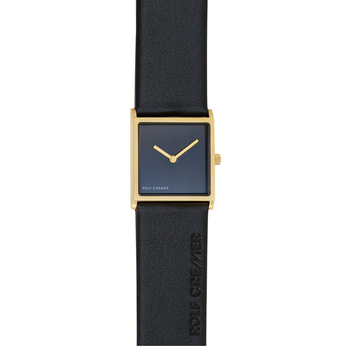Gouden vierkant horloge met zwarte leren band en een donkerblauwe wijzerplaat.
