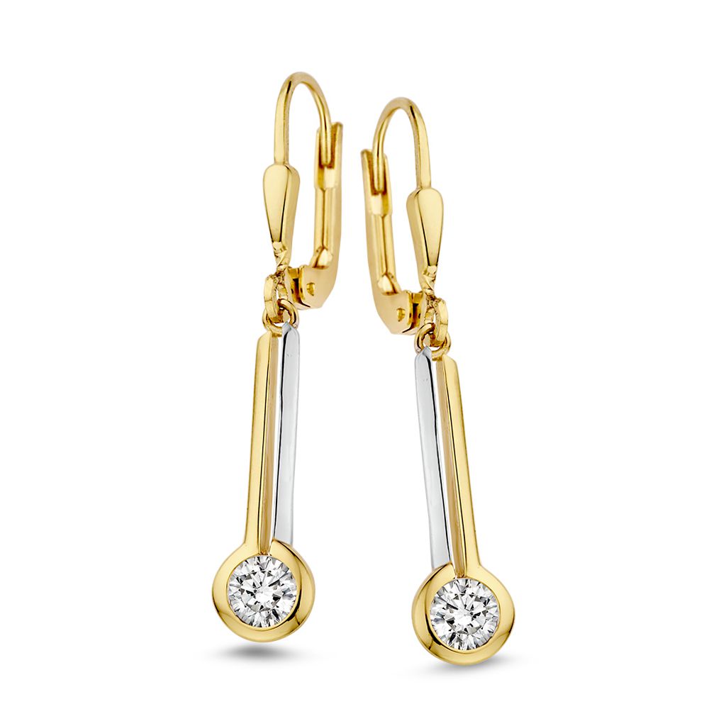 Bicolor oorhaken van 14 karaat geel en wit goud met zirkonia hangers in een speelse, moderne vorm.