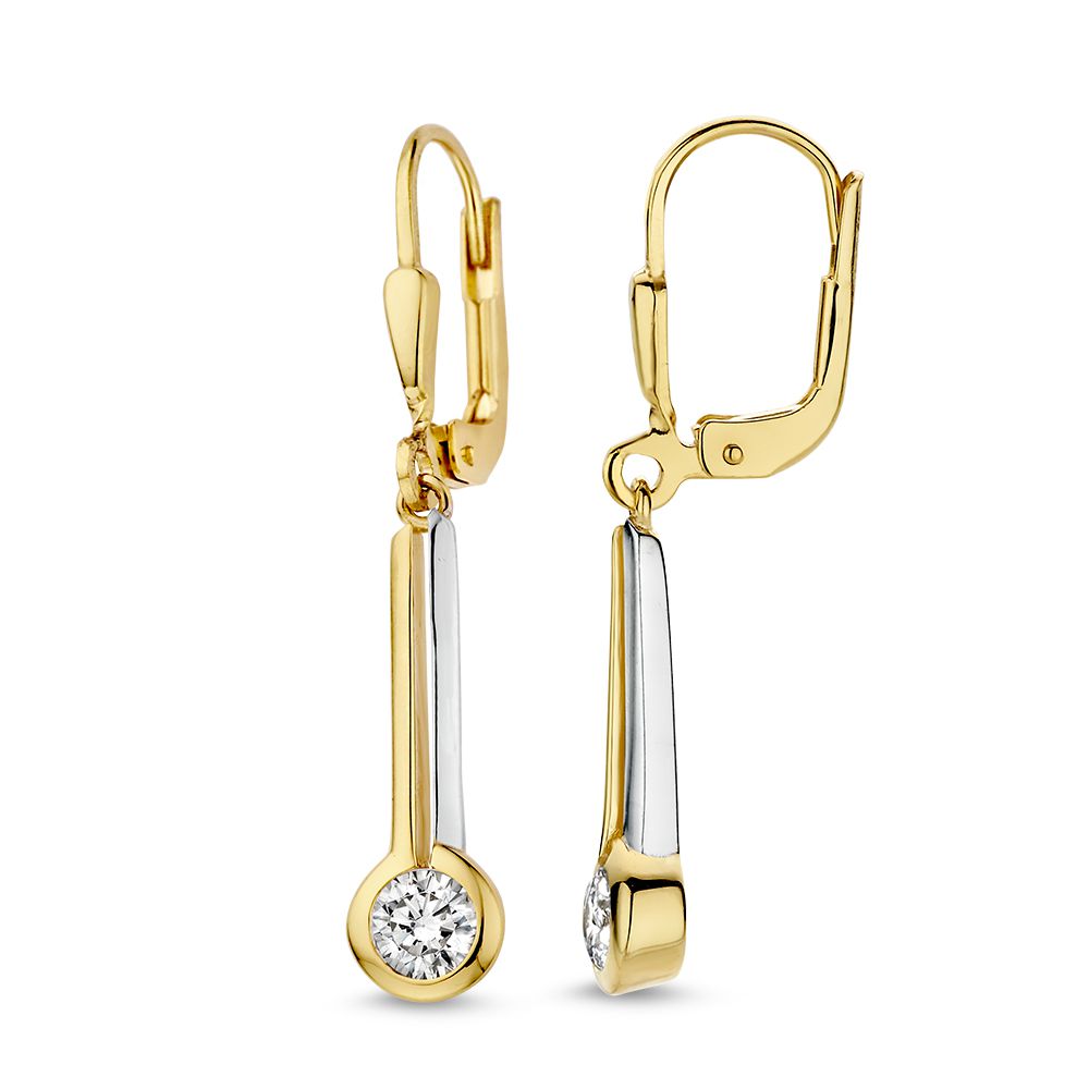 Speelse Bicolor Oorhaken met Zirkonia Hangers - 14 Karaat Geel/Wit Goud