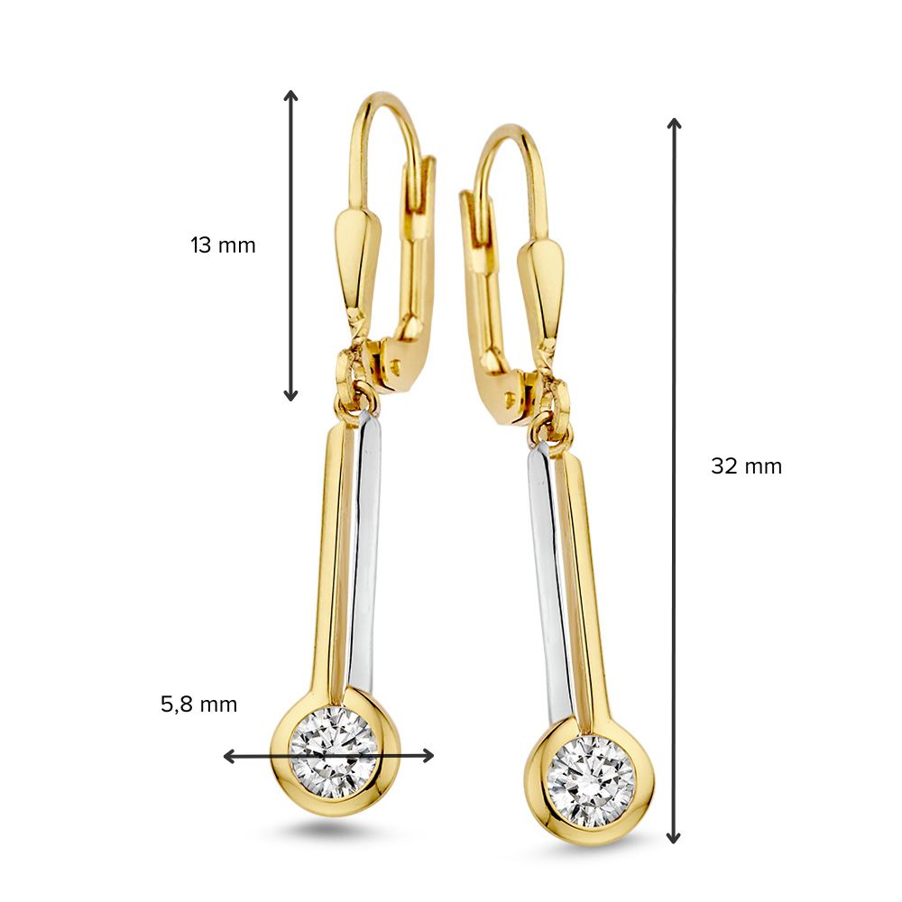 Speelse Bicolor Oorhaken met Zirkonia Hangers - 14 Karaat Geel/Wit Goud