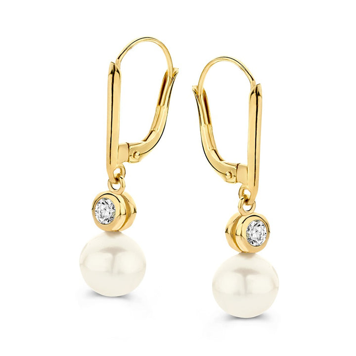 Geelgouden oorhaken met parels en zirkonia's – 14 karaat