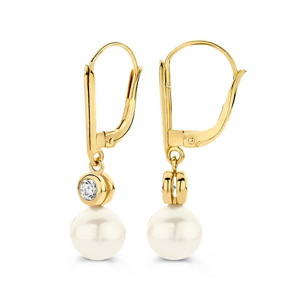 Geelgouden oorhaken met parels en zirkonia's – 14 karaat