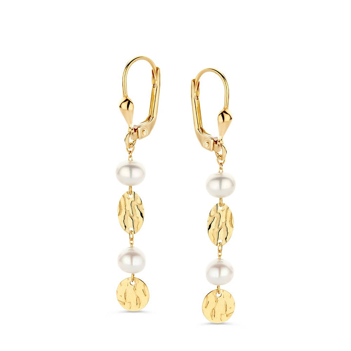 Gouden oorhaken met lange aanhangers en pareltjes – 14 karaat geelgoud