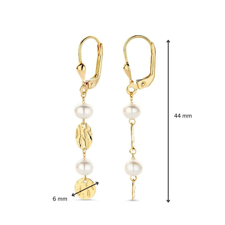Gouden oorhaken met lange aanhangers en pareltjes – 14 karaat geelgoud