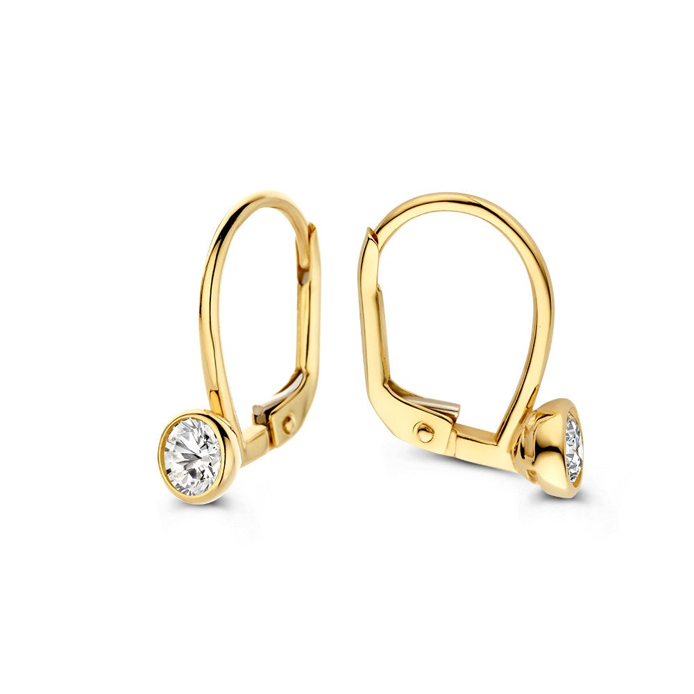 Geelgouden oorhaken met zirkonia's in ronde zetkast – 14 karaat
