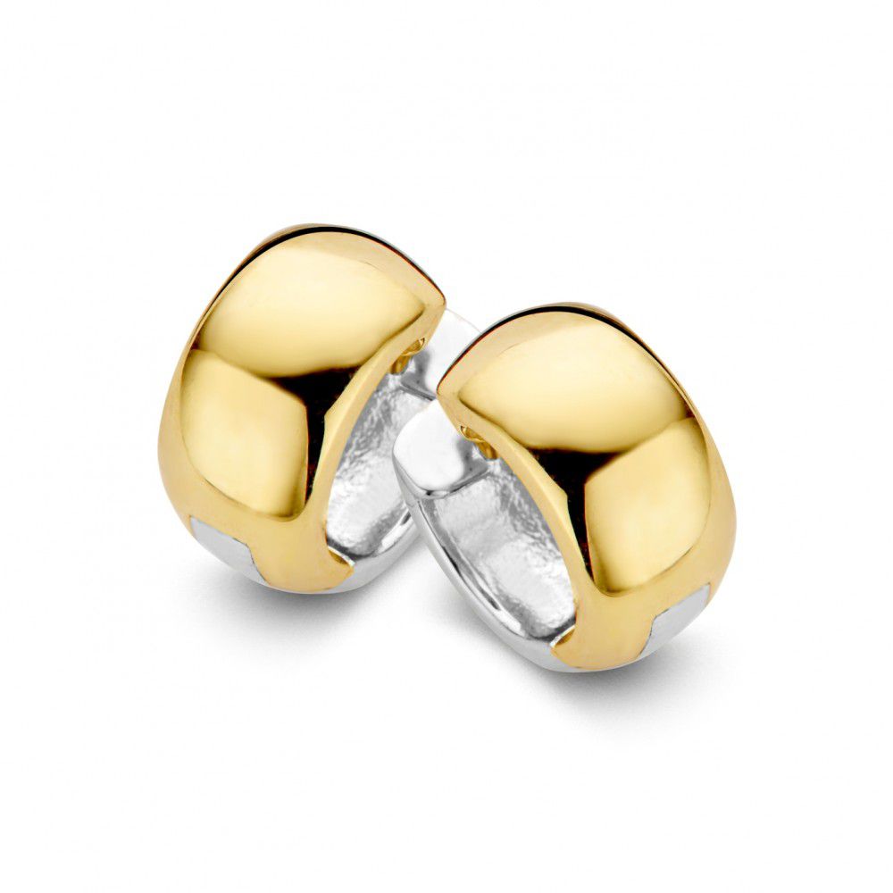 Bicolor gouden creolen met een glanzende afwerking in wit- en geelgoud, omkeerbare oorbellen voor dames.