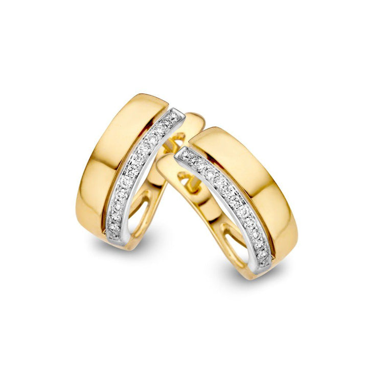 The Excellent Jewelry Bicolor Geel- en Witgouden Oorringen met Diamant zijn 14 karaat gouden damesoorbellen met een elegante boog, voorzien van 0.10 ct diamant in het midden voor een schitterend accent.