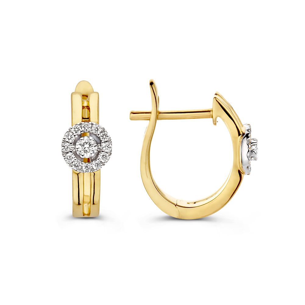 Bicolor geel- en witgouden oorringen met een entourage van diamanten, 14 karaat, met een centrale diamant en omliggende steentjes.