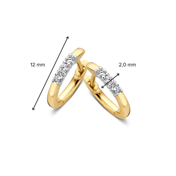 Bicolor Geel- en Witgouden Oorringen met Drie Diamanten – 14 Karaat Oorringen met 0.15 Carat Diamanten