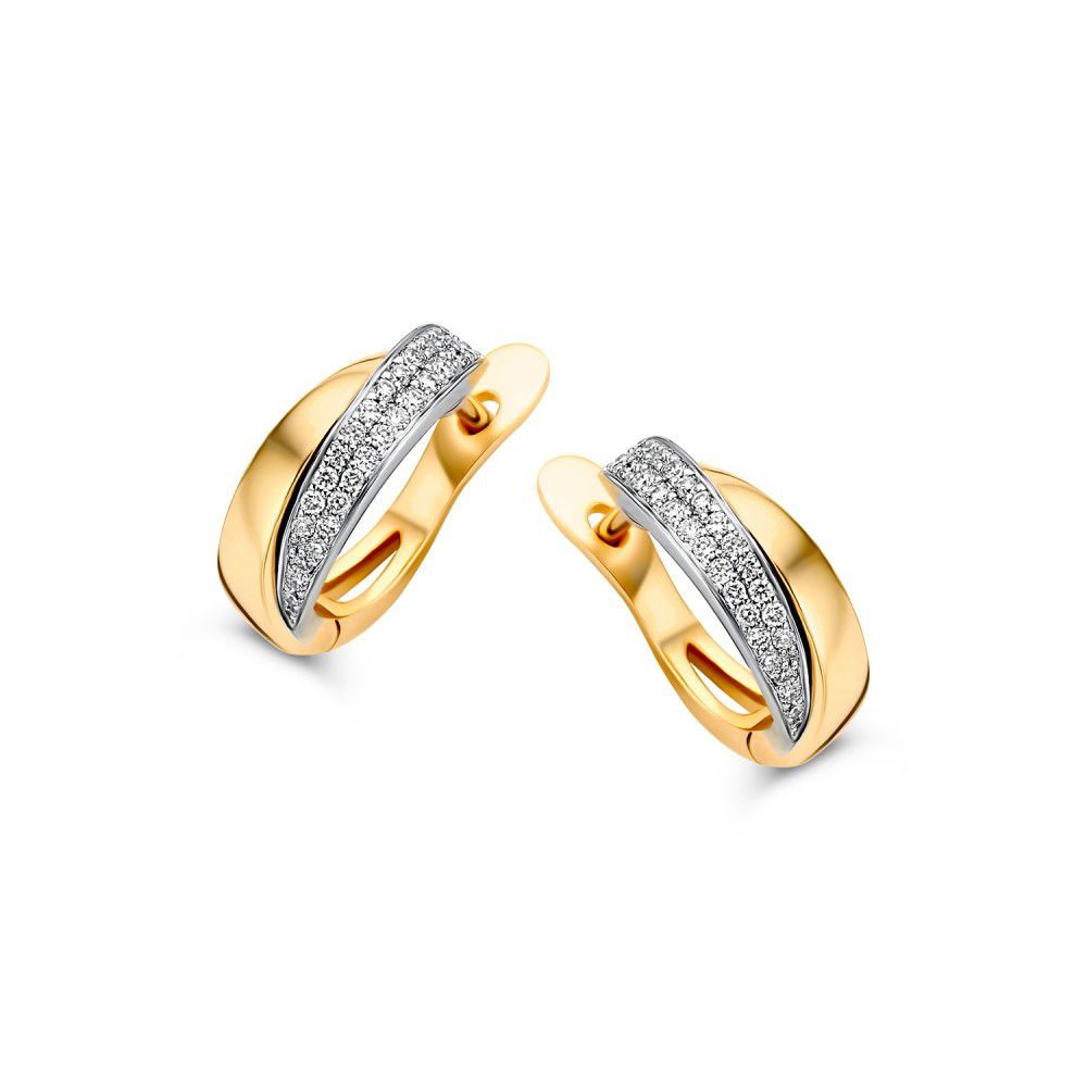 Bicolor geel- en witgouden oorringen met diamanten in pavézetting, 14 karaat, met een glanzende afwerking.