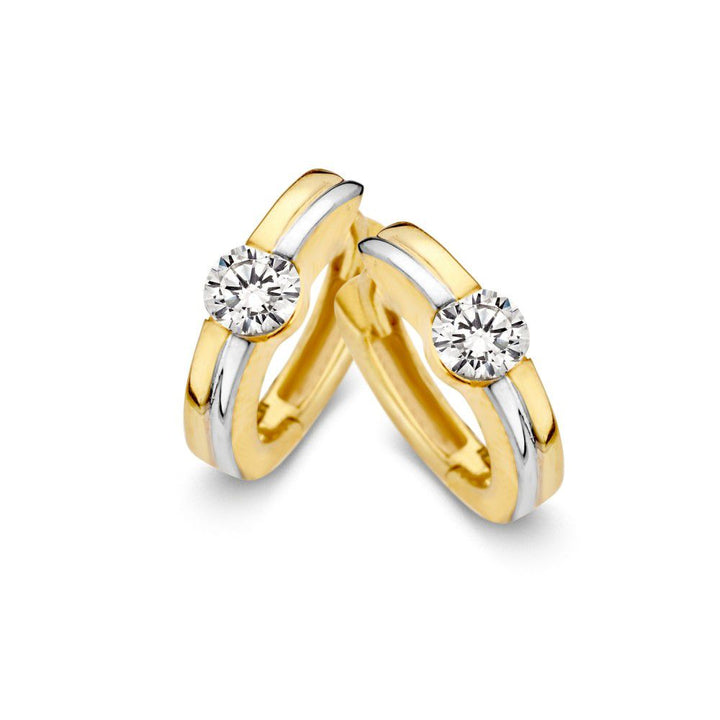 Bicolor Gouden Oorringen in Strak Design met Zirkonia – Tijdloze Elegantie