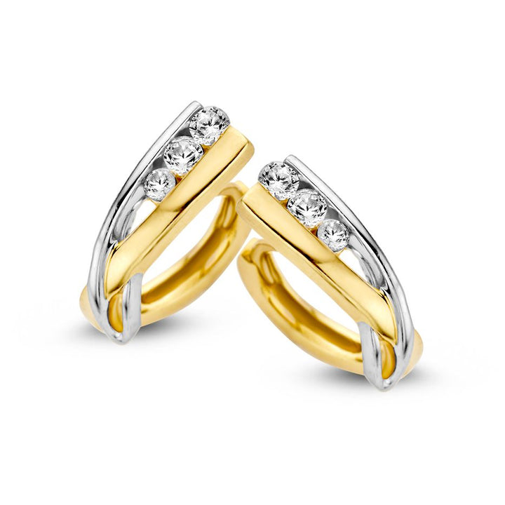 Bicolor Geel- en Witgouden Creolen met Zirkonia – Elegante Oorringen met Verlaagde Steker, 14 Karaat