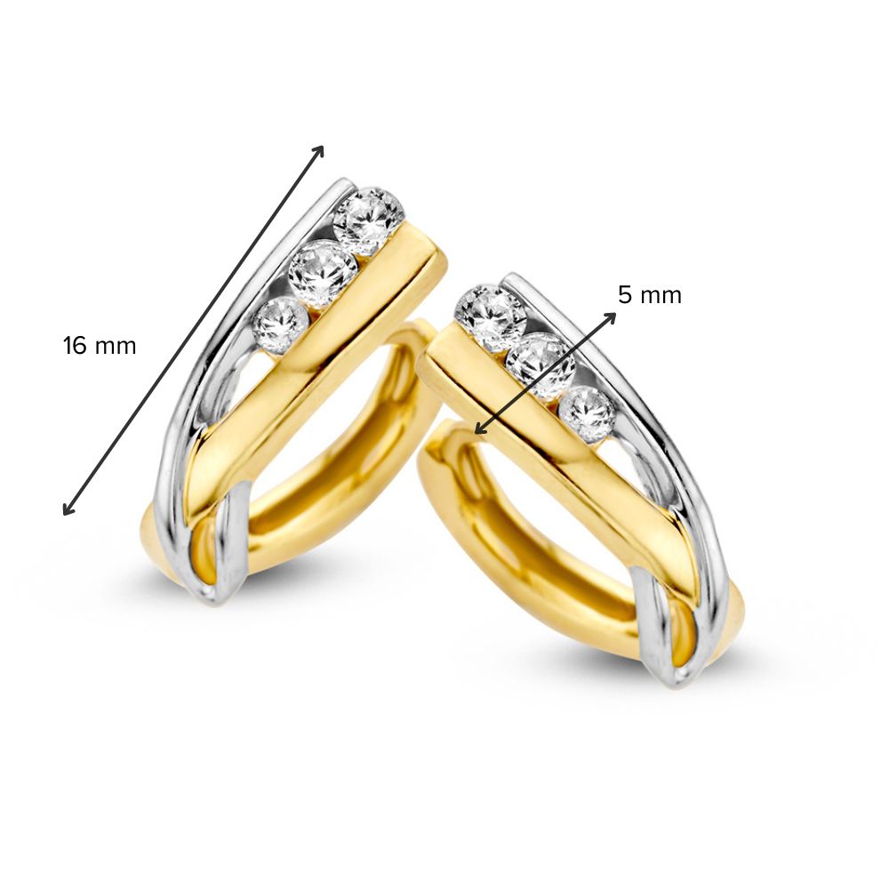 Bicolor Geel- en Witgouden Creolen met Zirkonia – Elegante Oorringen met Verlaagde Steker, 14 Karaat