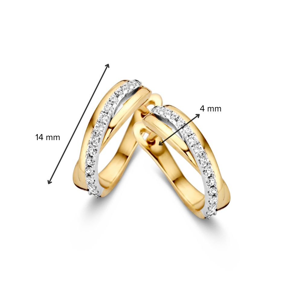 Bicolor Gouden Oorringen met Zirkonia's – Elegante Oorringen met Meerdere Banen, 14 Karaat