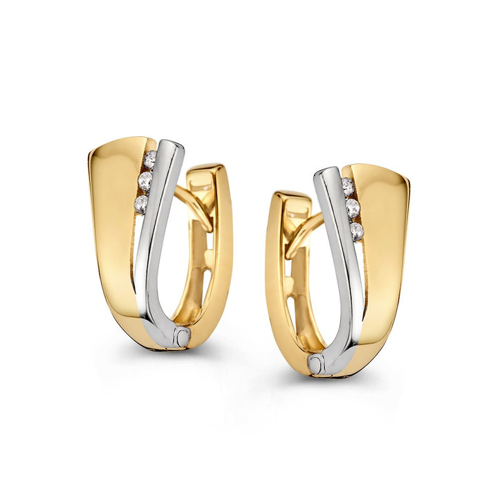 Bicolor Wit- en Geelgouden Oorringen met Drie Zirkonia's – Elegante Creolen met Verlaagde Steker