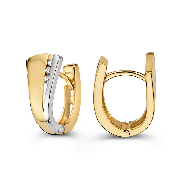 Bicolor Wit- en Geelgouden Oorringen met Drie Zirkonia's – Elegante Creolen met Verlaagde Steker