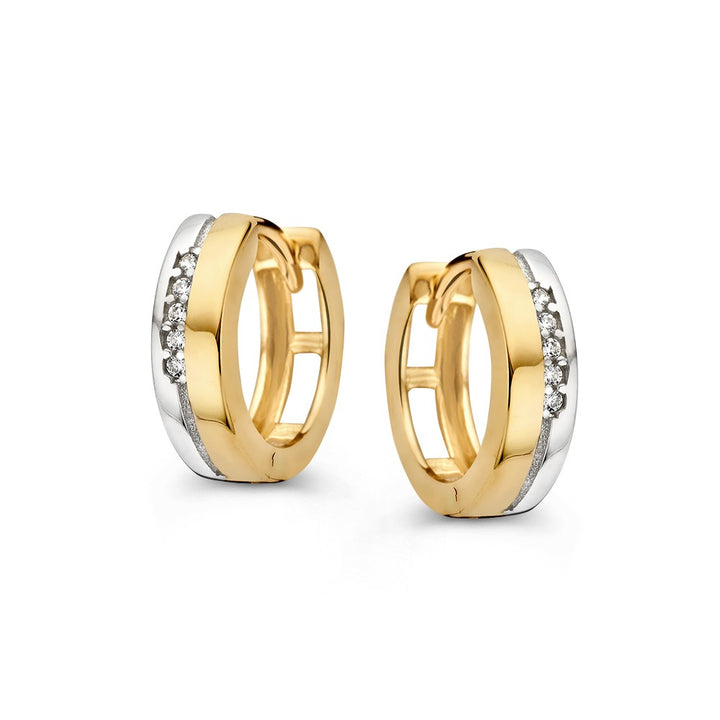Bicolor Wit- en Geelgouden Oorringen met Vijf Zirkonia's – Strakke en Elegante Creolen