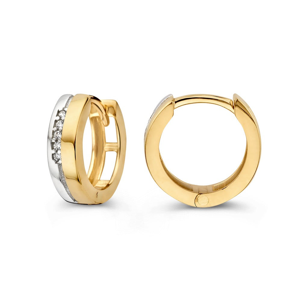 Bicolor Wit- en Geelgouden Oorringen met Vijf Zirkonia's – Strakke en Elegante Creolen