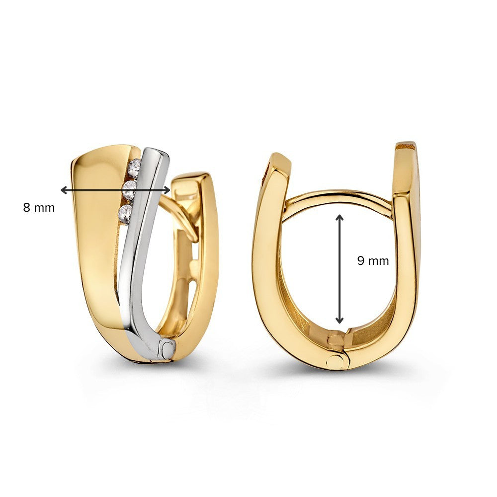 Bicolor Wit- en Geelgouden Oorringen met Drie Zirkonia's – Elegante Creolen met Verlaagde Steker