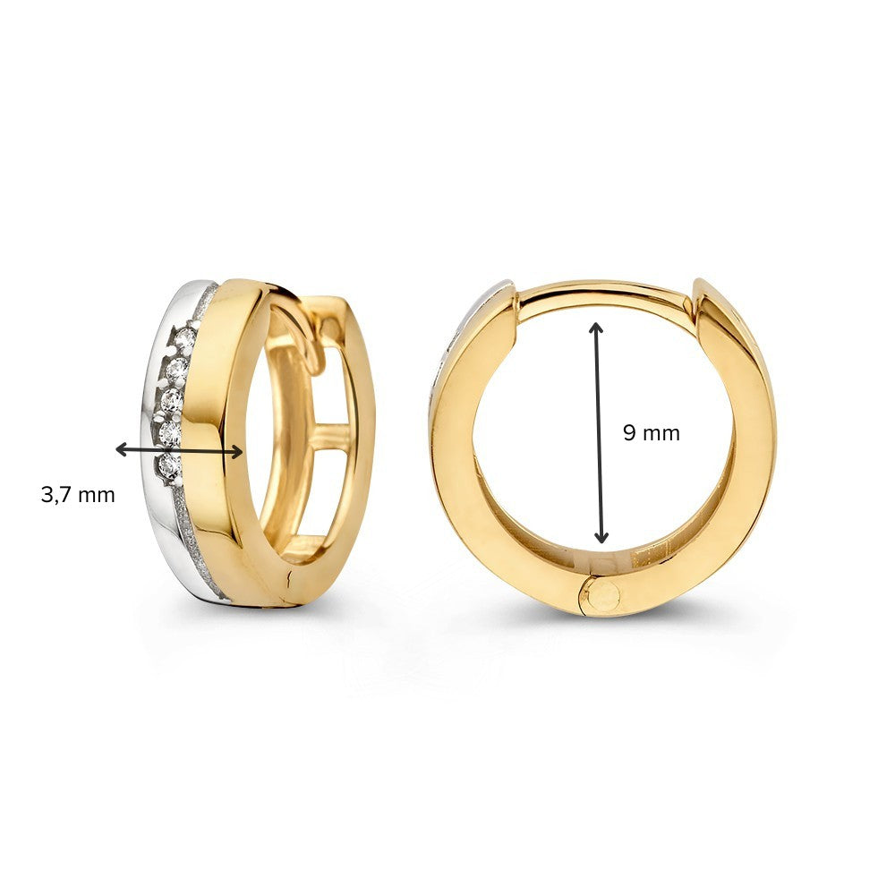 Bicolor Wit- en Geelgouden Oorringen met Vijf Zirkonia's – Strakke en Elegante Creolen