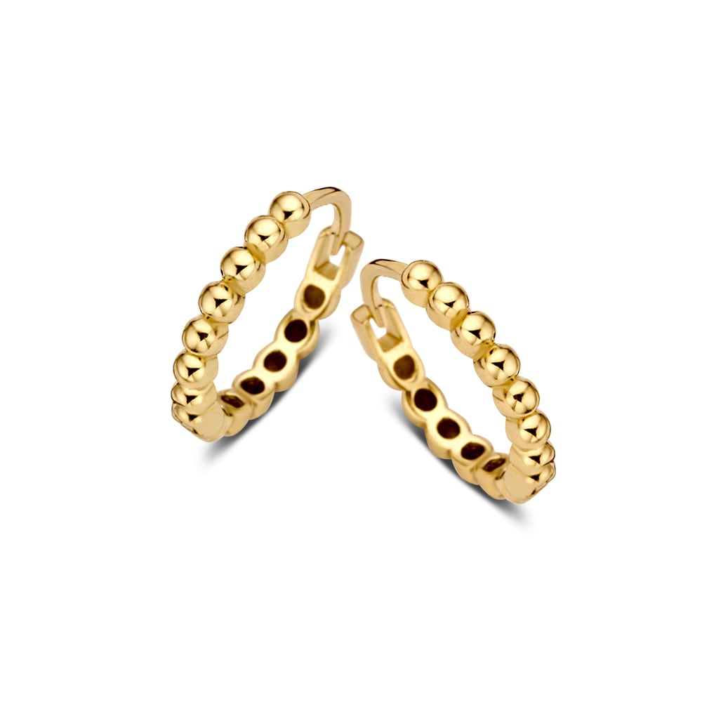 Geelgouden oorringen van 14 karaat met een minimalistisch design en een binnenmaat van 11 mm, versierd met bolletjes.
