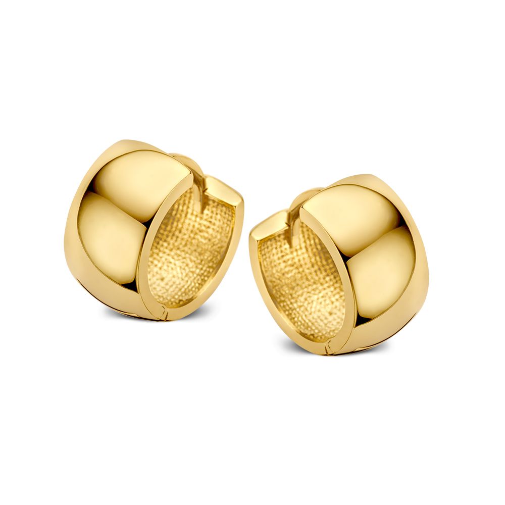 Brede 14K geelgouden oorringen met een glanzende en gestructureerde afwerking.