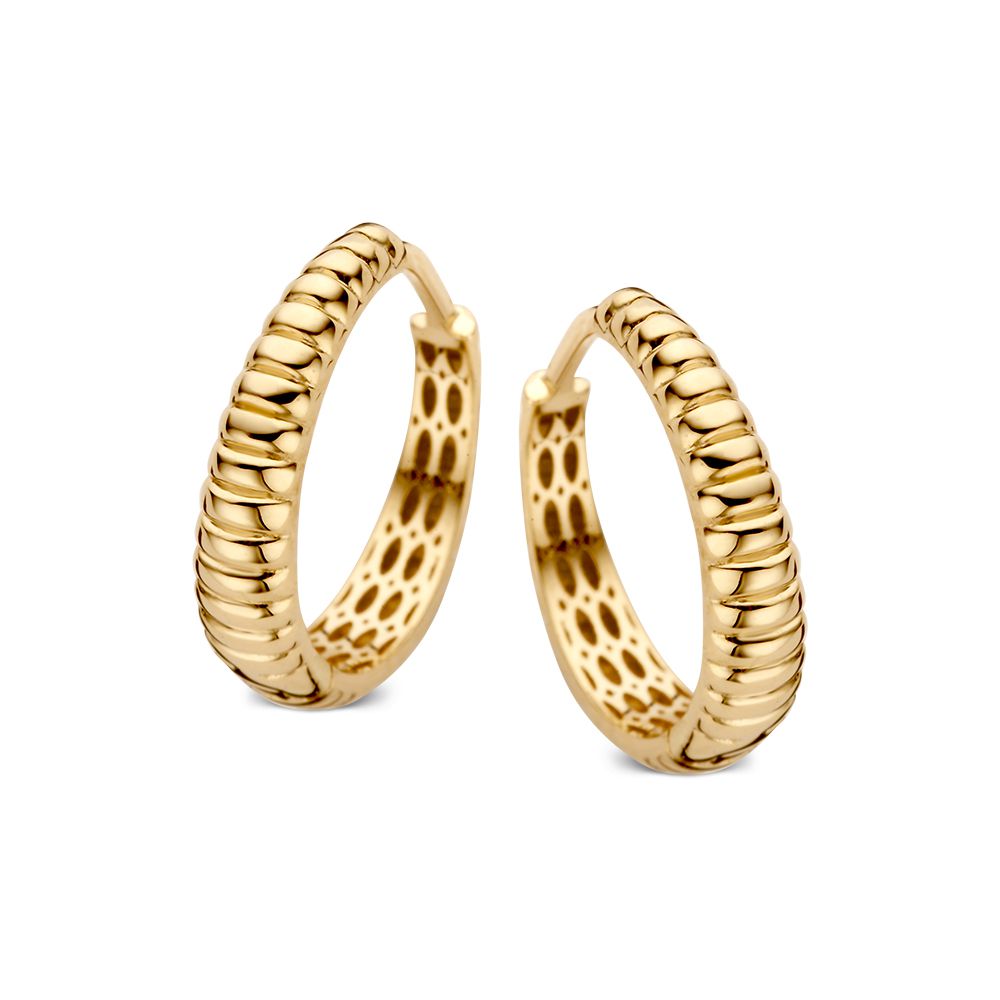 De Geelgouden Oorringen met Geribbeld Design van Excellent Jewelry hebben een geribbelde, gestructureerde buitenkant en kleine ronde uitsparingen aan de binnenkant, tegen een witte achtergrond - een tijdloos sieraad van Van der Kooij.