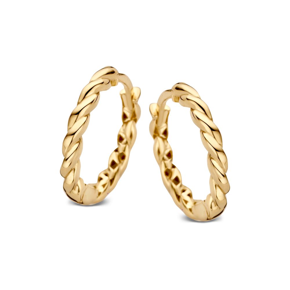 Geelgouden oorringen met een gedraaid design en een glanzende afwerking.