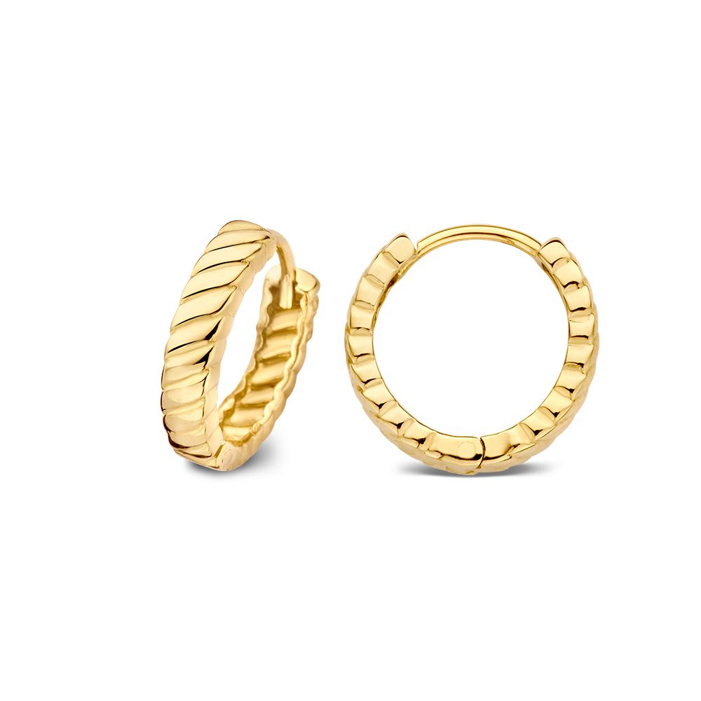 Een paar van 14 karaat geelgouden Van der Kooij oorringen met gestreept patroon van Excellent Jewelry zijn te zien op een witte achtergrond; één staat rechtop, de ander ligt plat en toont het zij- en vooraanzicht.